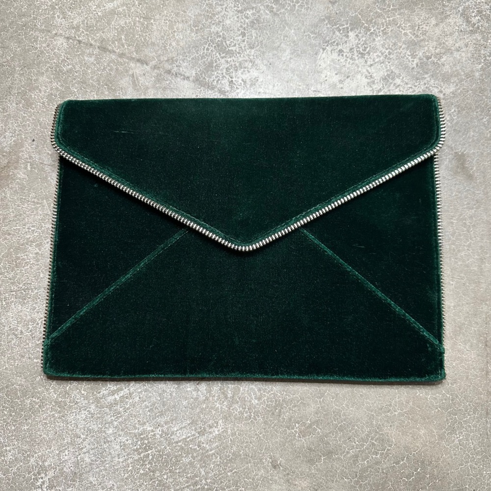 Rebecca Minkoff Velvet Envelope Clutch Bag Green Zip Closure Magnetic Snap